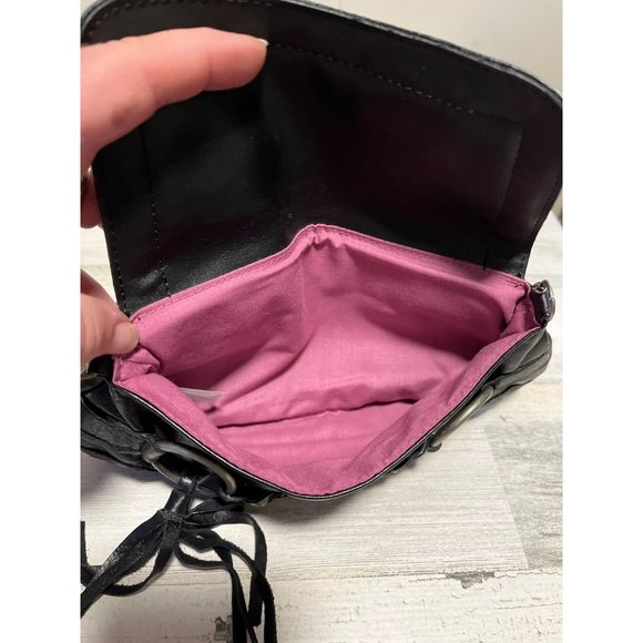 Woman’s black genuine leather small purse with partial chain handle and tassels - Picture 3 of 6